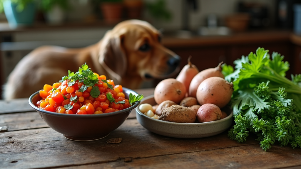A bowl of colorful fermented vegetables next to a dog's food bowl.