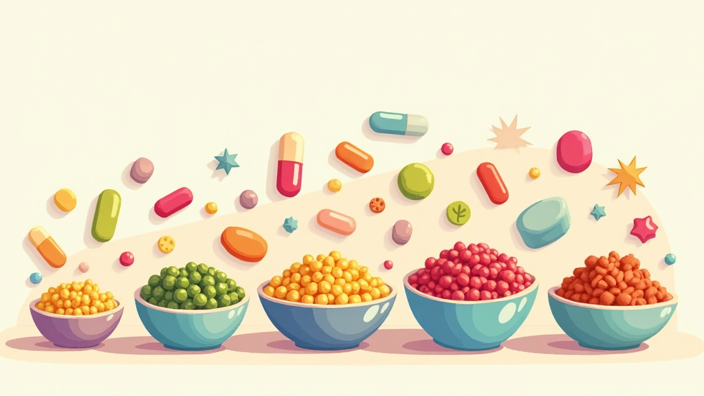 A colorful assortment of vitamin supplements, based on the shapes and sizes typically used for different types of pets, arranged beside bowls of fresh pet food. Illustration style.