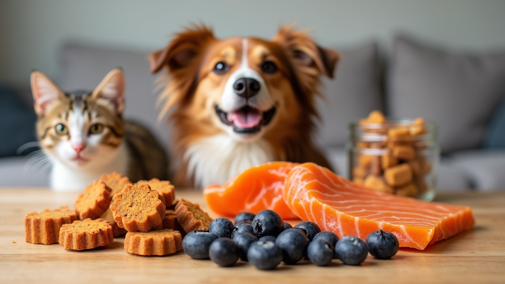 Healthy pet treats displayed in bowls and scattered across a table for a happy dog and cat to enjoy.