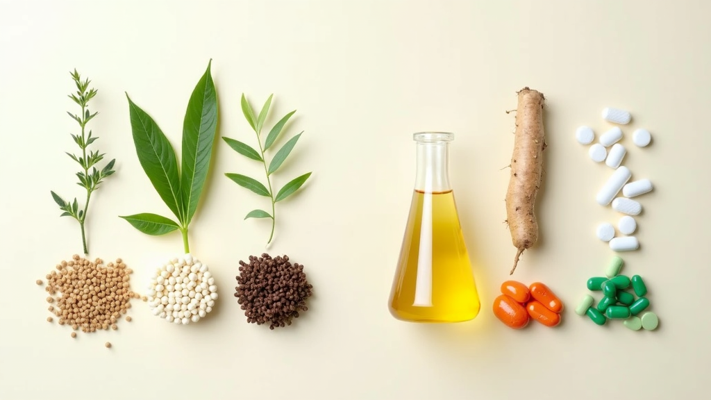 Natural supplements and synthetic supplements side by side with herbs, capsules, and molecular models