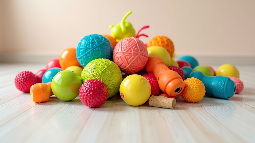 A colorful pile of various dog toys including balls, tug ropes, and interactive treat dispensers spread out on a clean surface
